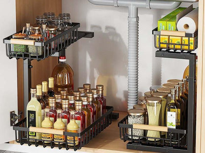 Under Sink 2-Tier Adjustable Storage Rack – Metal Pull-Out Organizer