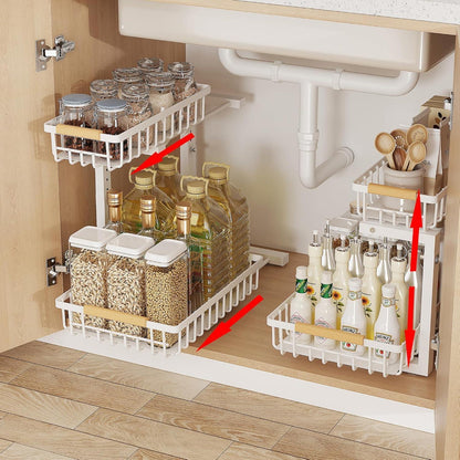 Under Sink 2-Tier Adjustable Storage Rack – Metal Pull-Out Organizer