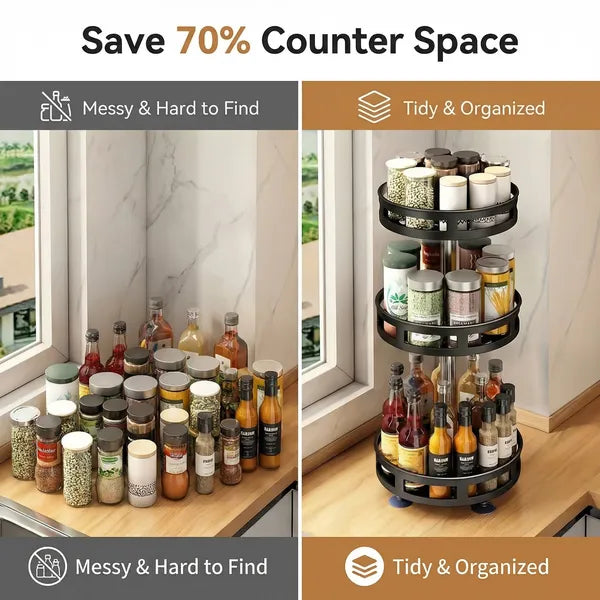 Before and after comparison of a kitchen counter with a messy arrangement of bottles and a tidy one using a rotating spice rack.