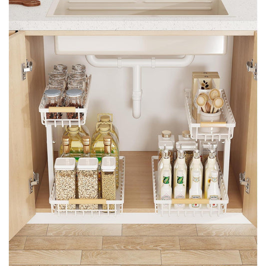 Under Sink 2-Tier Adjustable Storage Rack – Metal Pull-Out Organizer