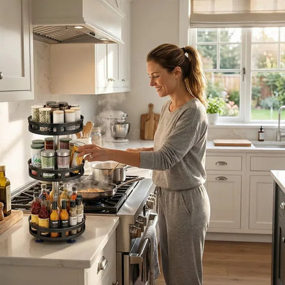 Woman in a kitchen with a spice rack and cooking pan