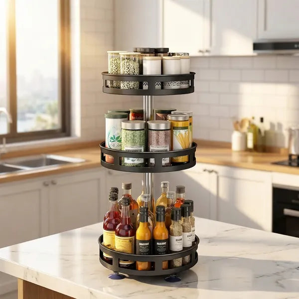 Three-tiered spice and bottle organizer on a kitchen counter with various items on each level.