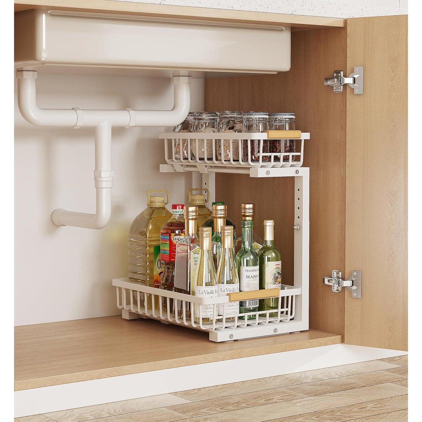 Under Sink 2-Tier Adjustable Storage Rack – Metal Pull-Out Organizer