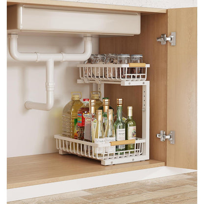 Under Sink 2-Tier Adjustable Storage Rack – Metal Pull-Out Organizer