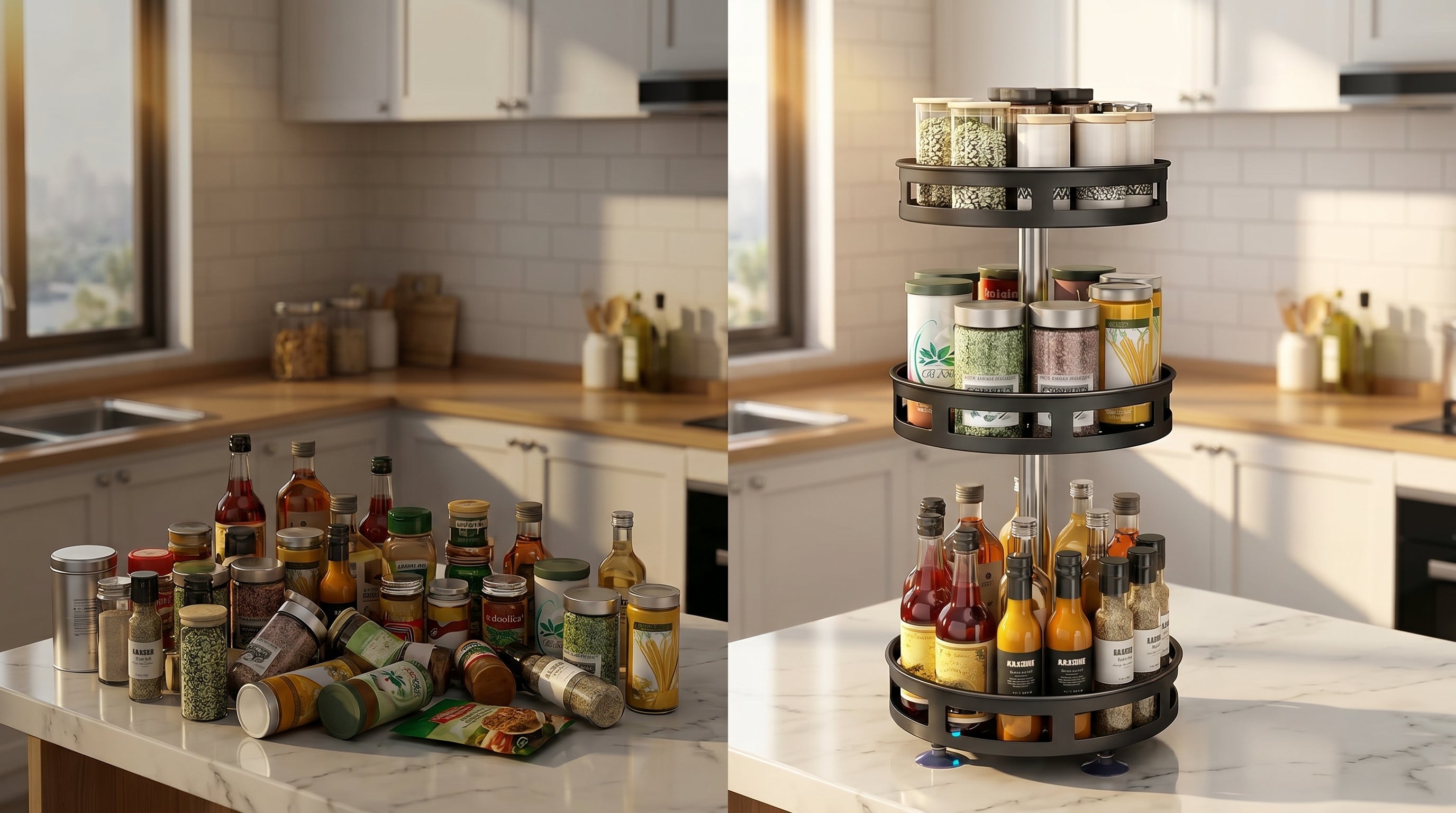 Two images showing a kitchen counter with bottles and jars, and a rotating spice rack organizing them.