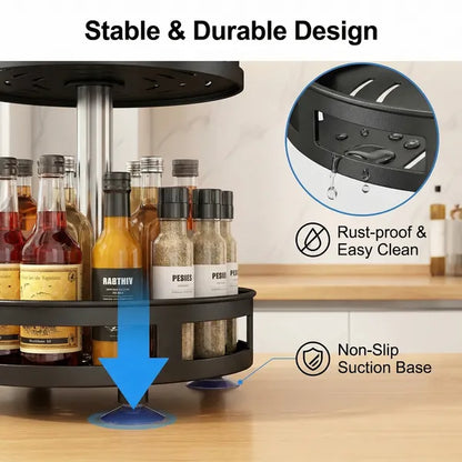 Spice rack with bottles on a kitchen counter, highlighting stable and durable design features.